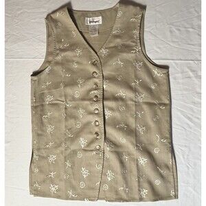 Worthington Embroidered Linen Blend Vest Khaki Tan Floral Button Front 6P Petite